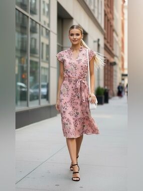 MONTEAU Floral Pink Short Sleeve Tie-Waist Dress
